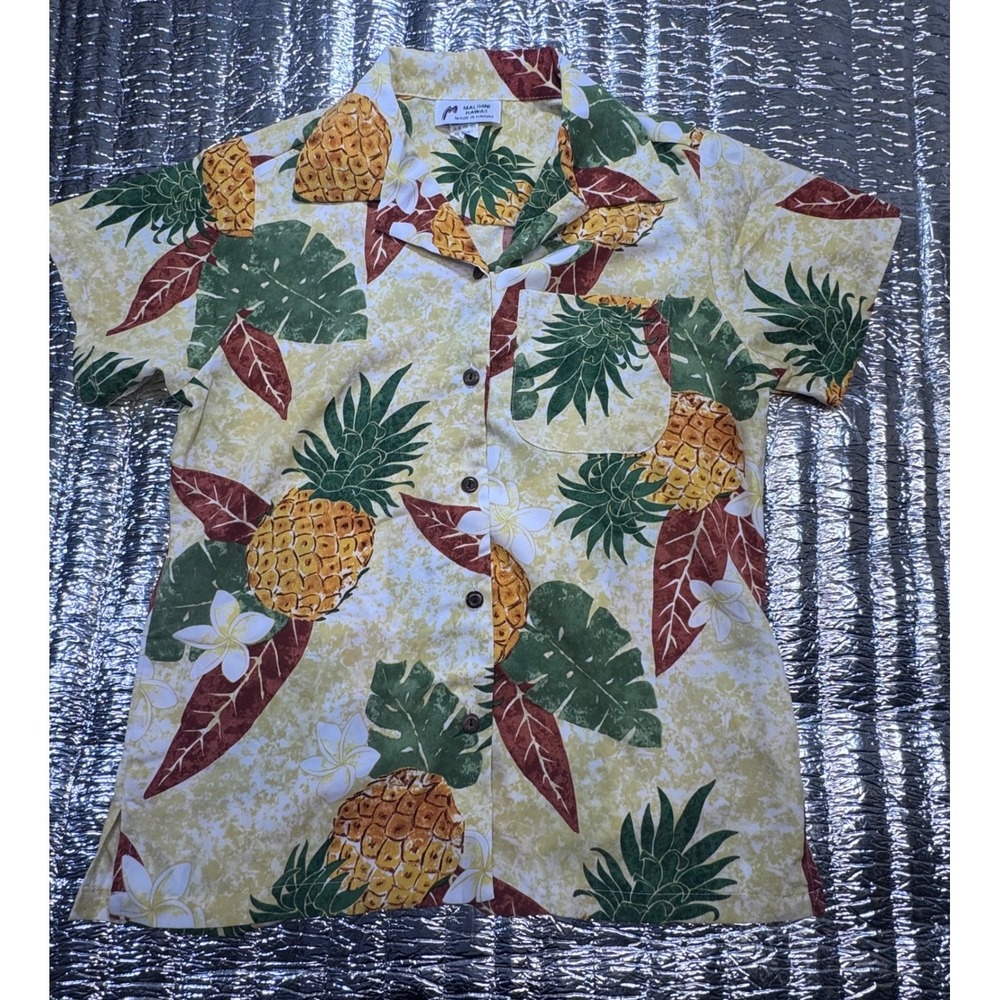 Malihini Hawaii Pineapple Floral Aloha Shirt Yellow Microfiber Made in Hawaii